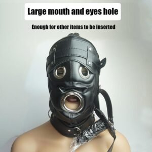 Leather Hood Mask Removable Dildo Ball Gag