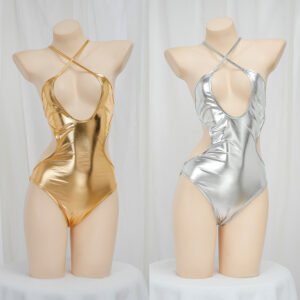 Womens Gold Glossy Bodysuit Sexy Lingerie